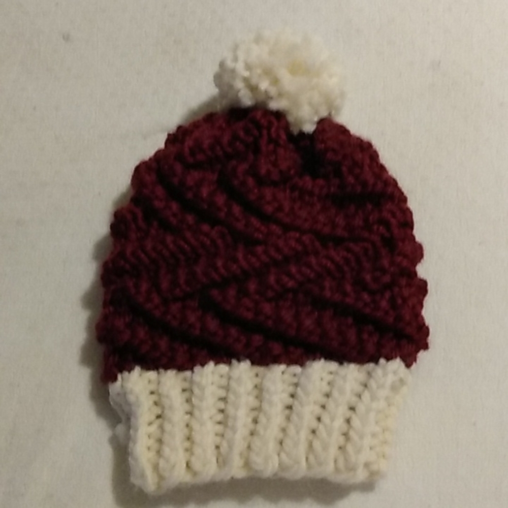 Hand-knit Burgundy And Cream Zigzag Hat